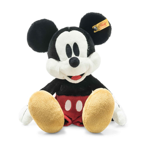 Seated view of Steiff Mickey Mouse plush with Button in Ear and red shorts – Steiff bears
