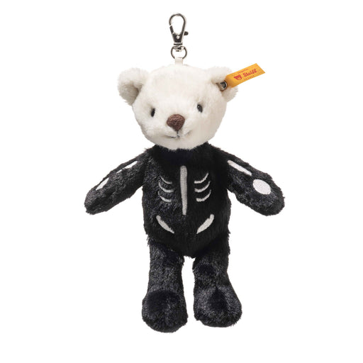 Front view of Steiff Mr Bones teddy bear keyring in a black skeleton suit