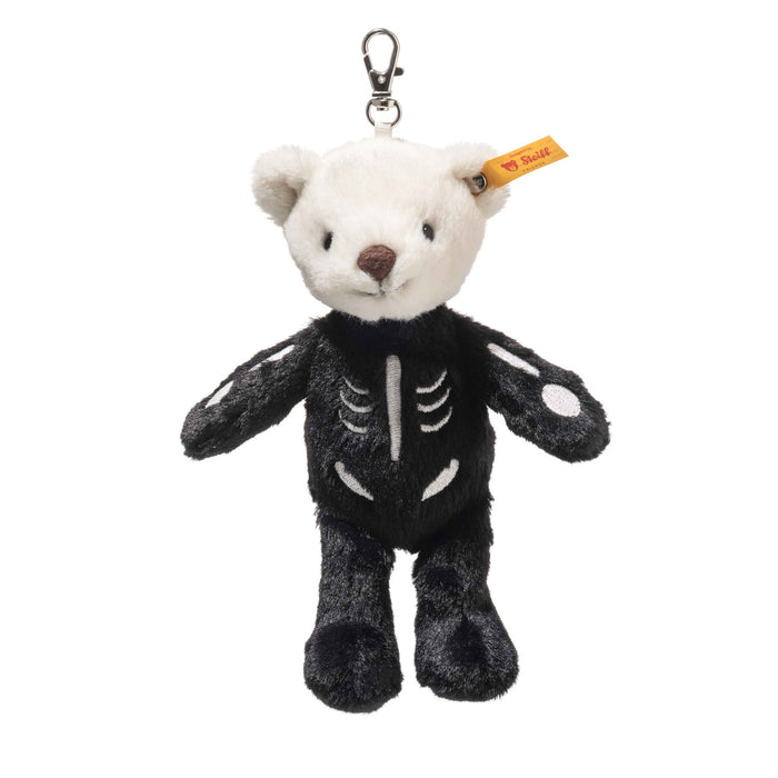 Front view of Steiff Mr Bones teddy bear keyring in a black skeleton suit