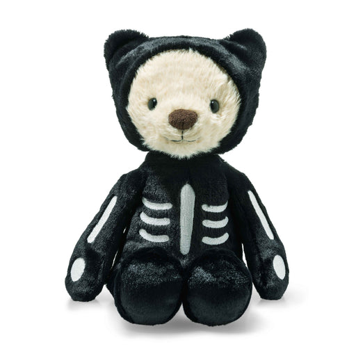 Front view of Steiff Mr Bones teddy bear in a black skeleton suit with hood