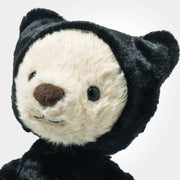 Mr Bones teddy with hood up, glossy eyes and friendly smile