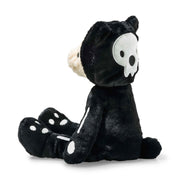 Side view of Mr Bones teddy showing skull hood and paw pad details