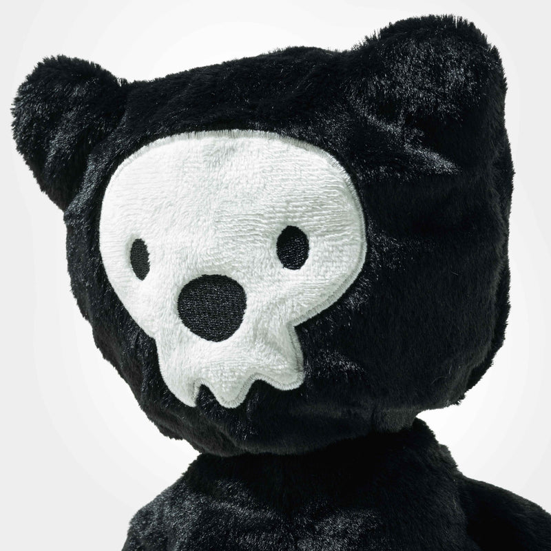 Back of the hood with white skull appliqué on the Mr Bones teddy bear