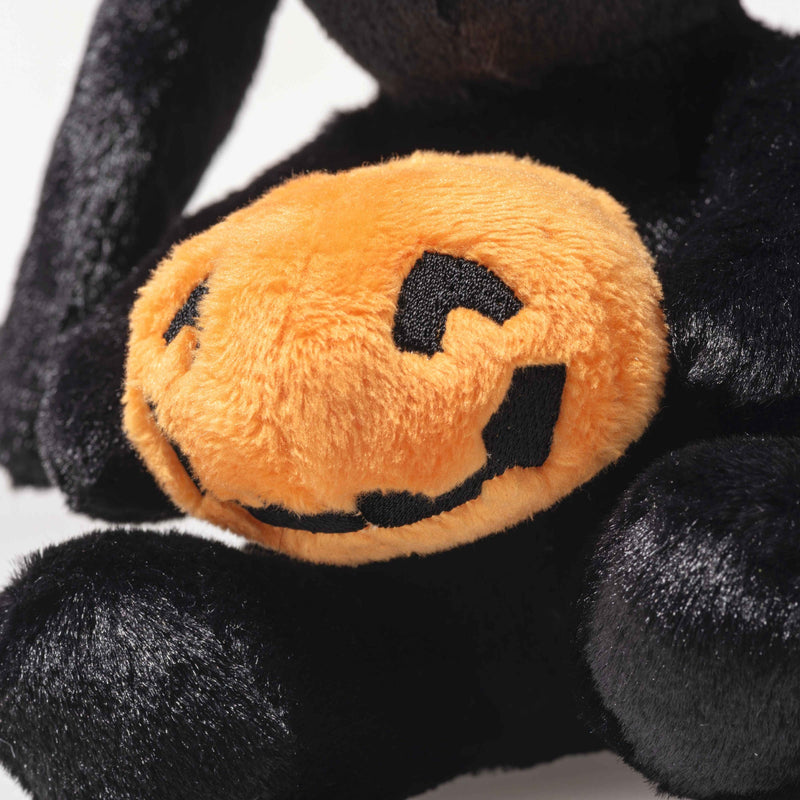 Close-up of the soft orange jack-o’-lantern pumpkin held by the bunny