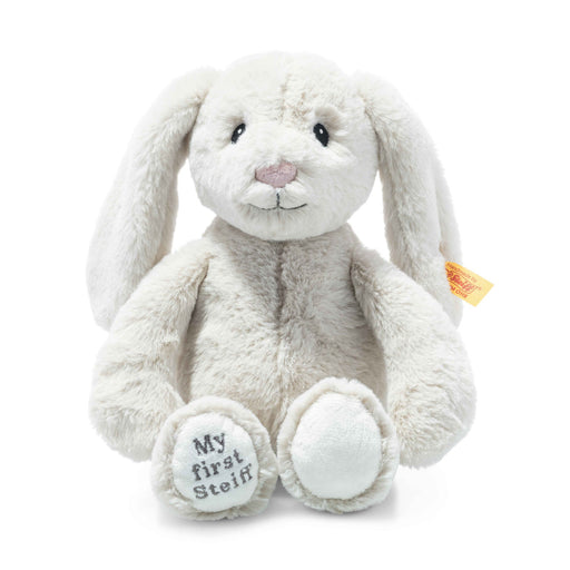 Front view of Steiff My First Hoppie Bunny in light grey plush with embroidered paw – Steiff teddy bears