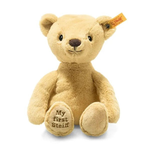 Front view of Steiff My First Teddy Bear in honey plush with embroidered paw and Button in Ear – Steiff teddy bears