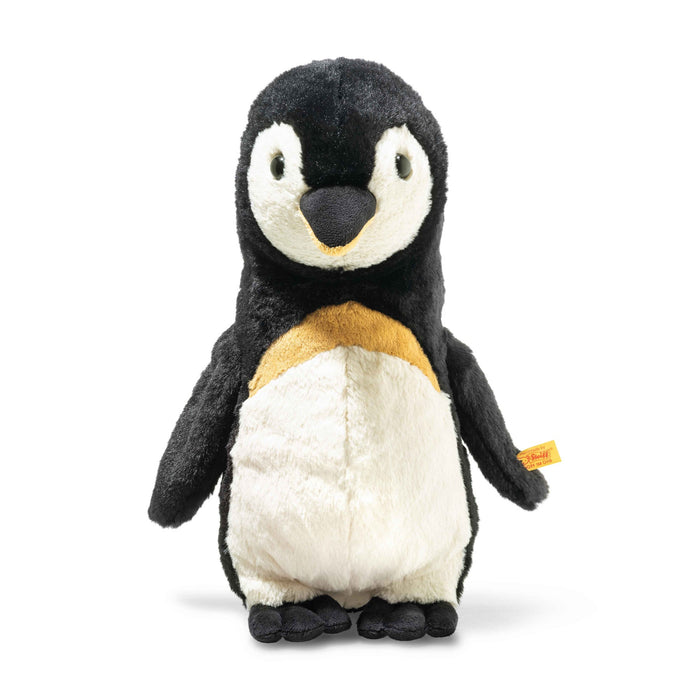Front view of Steiff Nala Penguin plush, black and white with golden chest and Button in Ear – Steiff teddy bears