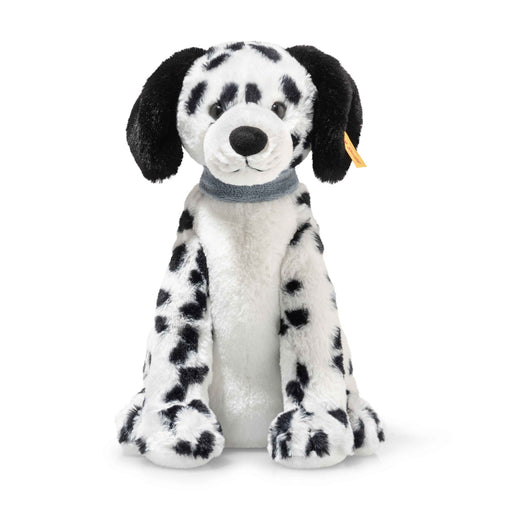 Front view of Steiff Oskar Dalmatian plush dog with soft spots and grey collar