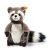 Front view of Steiff Pedro Raccoon plush toy with creamy belly and soft paws