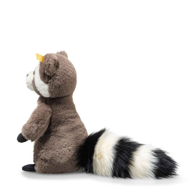 Side view of Steiff Pedro Raccoon with fluffy black-and-white ringed tail