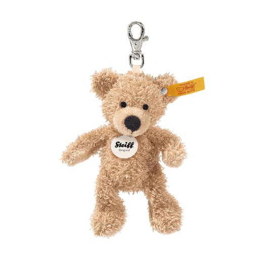 Steiff Pendant Fynn Teddy bear keyring in beige soft plush with metal clip and yellow ear tag on a white background