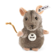 Steiff Piff Mouse plush toy, grey fur, pink ears and paws, string tail and chest badge, front view.