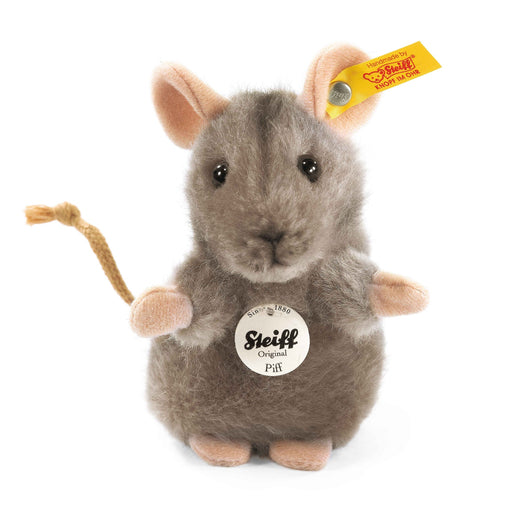Close-up of Steiff Piff Mouse plush showing face, grey fur and yellow ear tag.