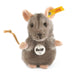 Close-up of Steiff Piff Mouse plush showing face, grey fur and yellow ear tag.