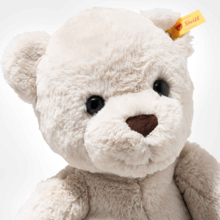 Close-up of Steiff Robby teddy bear face in cream plush with yellow ear tag