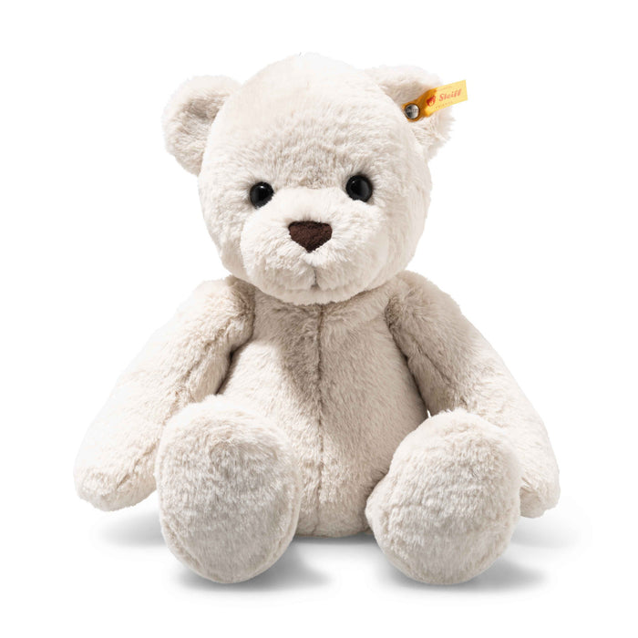 Steiff Robby teddy bear seated front view, cream plush soft toy with yellow ear tag