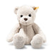 Steiff Robby teddy bear seated front view, cream plush soft toy with yellow ear tag