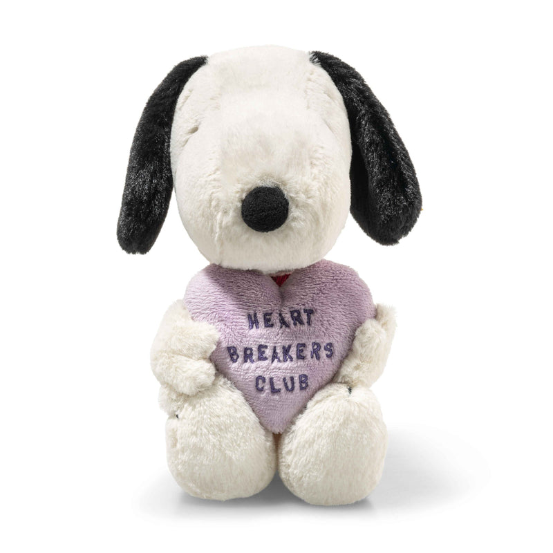 Front view of Steiff Snoopy plush holding a lilac Heart Breakers Club heart
