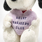 Close-up of Snoopy’s purple heart with embroidered Heart Breakers Club text