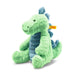 Angled view of Steiff Spott Stegosaurus plush, bright green with blue plates and Button in Ear – Steiff teddy bears
