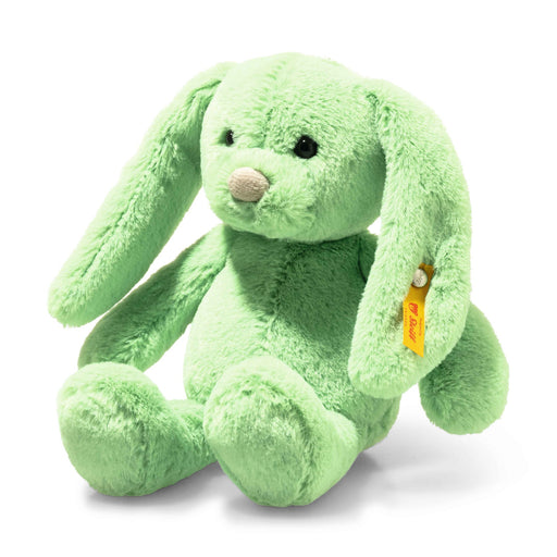 Angled view of Steiff Tilda Bunny seated, mint green plush – Steiff bears