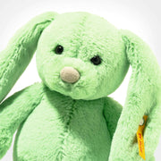 Close-up of Steiff Tilda Bunny face, mint green plush and Button in Ear – Steiff bears