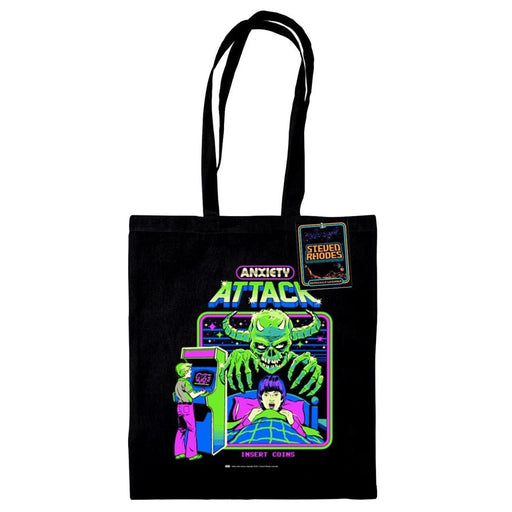 Steven Rhodes Anxiety Attack tote bag, black cotton with neon arcade monster graphic, 38 × 42 cm, long handles and swing tag