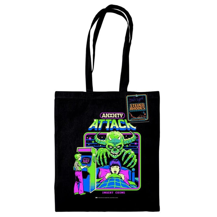 Steven Rhodes Anxiety Attack tote bag, black cotton with neon arcade monster graphic, 38 × 42 cm, long handles and swing tag