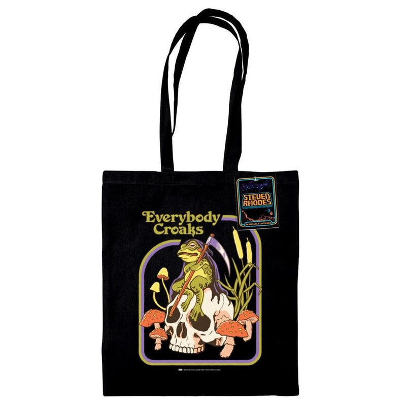 Steven Rhodes Everybody Croaks tote bag, black 100% cotton with frog-on-skull graphic, 38 × 42 cm, long handles and swing tag
