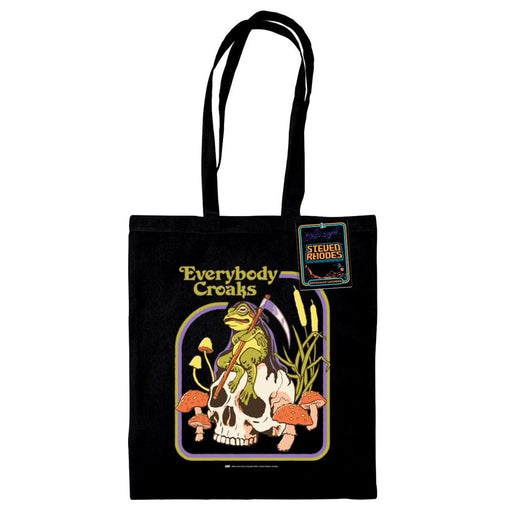 Steven Rhodes Everybody Croaks tote bag, black 100% cotton with frog-on-skull graphic, 38 × 42 cm, long handles and swing tag