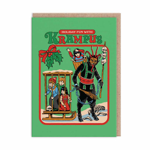 Green retro Christmas card featuring Krampus and kids on sleds in vintage comic style; A6, blank inside, brown kraft envelope by Steven Rhodes
