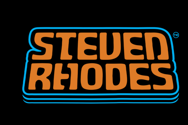 Steven Rhodes logo, retro orange wordmark with blue outline on a black background.