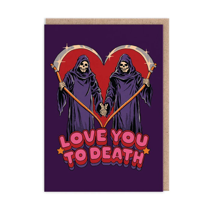 Love You To Death A6 greeting card with reaper couple and heart design