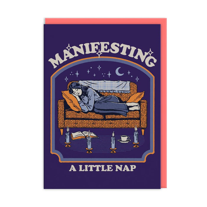 Manifesting A Little Nap A6 greeting card by Steven Rhodes with coral envelope