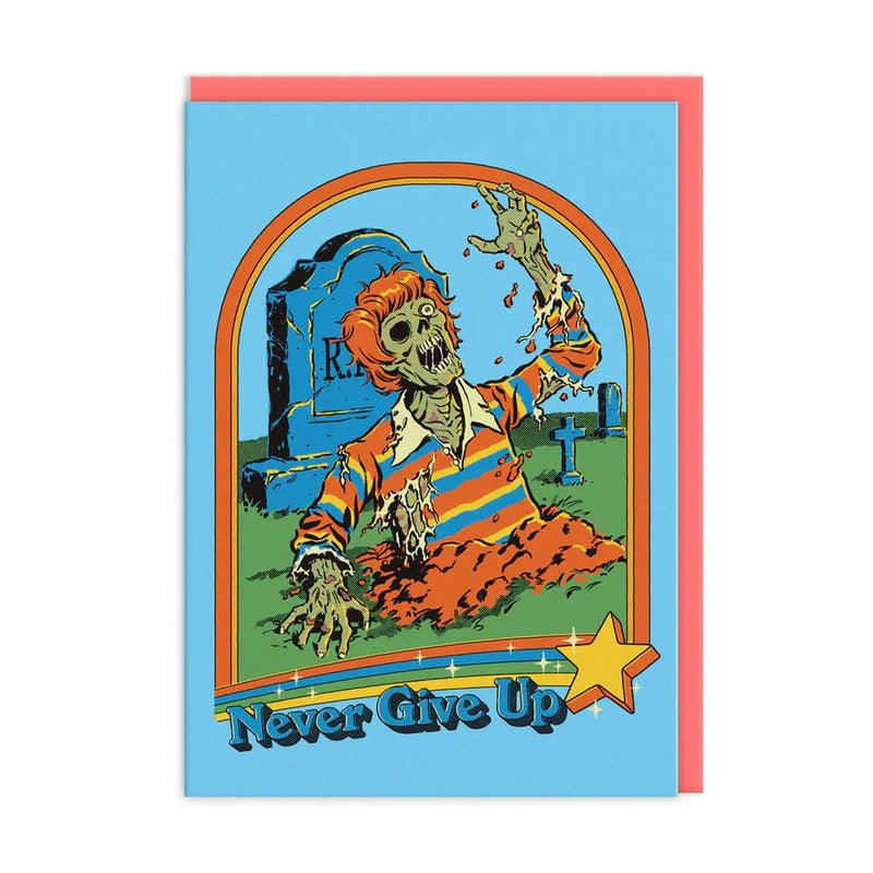 Never Give Up A6 greeting card by Steven Rhodes with coral envelope