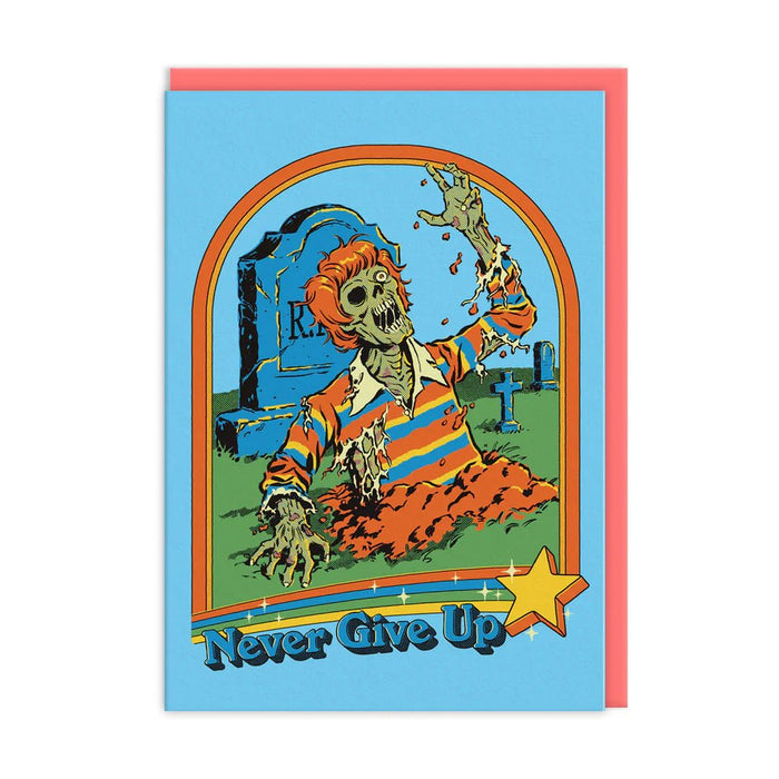 Never Give Up A6 greeting card by Steven Rhodes with coral envelope