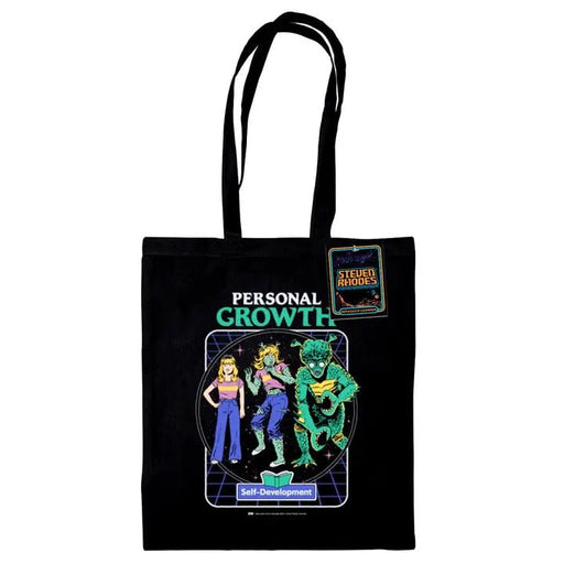 Steven Rhodes Personal Growth tote bag, black 100% cotton with neon self-development graphic, 38 × 42 cm, long handles and swing tag