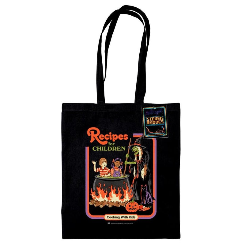 Steven Rhodes Recipes for Children tote bag, black 100% cotton with witch and cauldron graphic, 38 × 42 cm, long 65 cm handles, swing tag