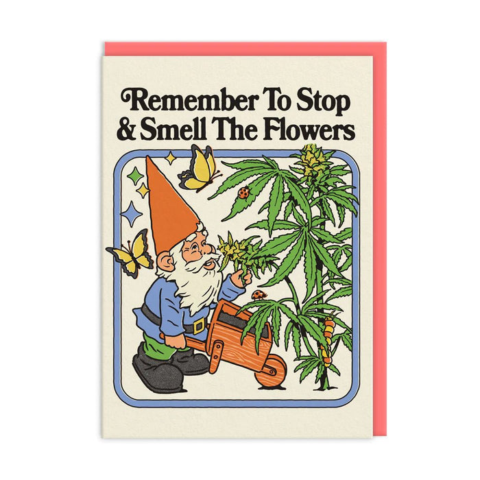 Smell The Flowers A6 greeting card by Steven Rhodes with coral envelope