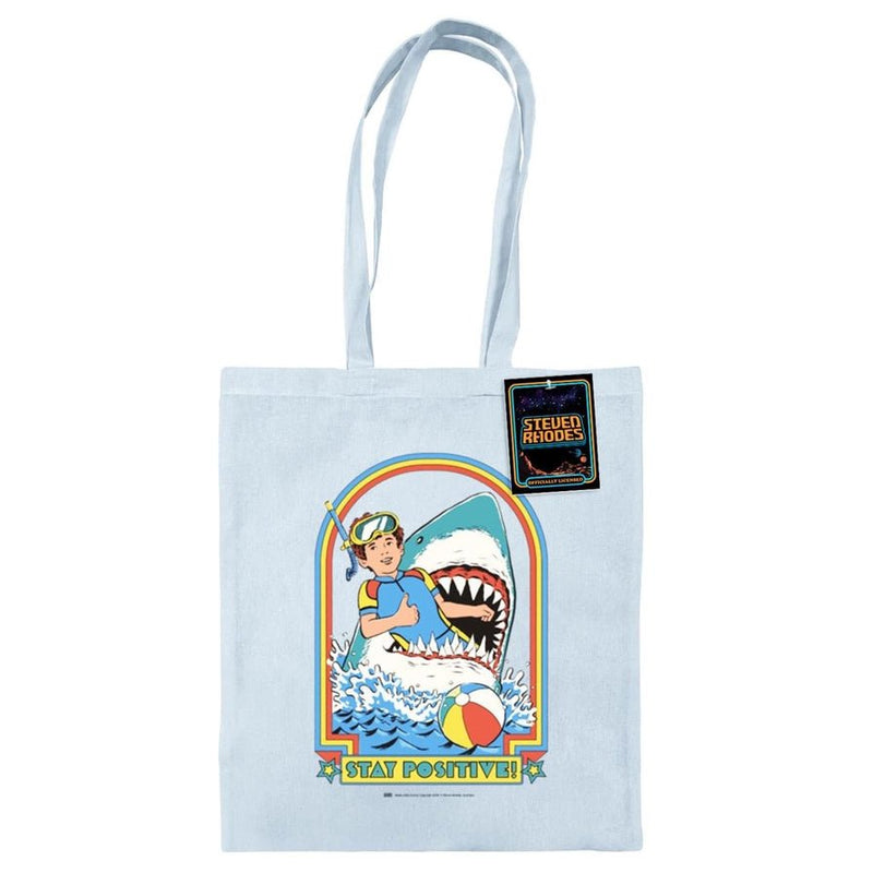Steven Rhodes Stay Positive tote bag, light blue 100% cotton with shark and rainbow graphic, 38 × 42 cm, long 65 cm handles, swing tag