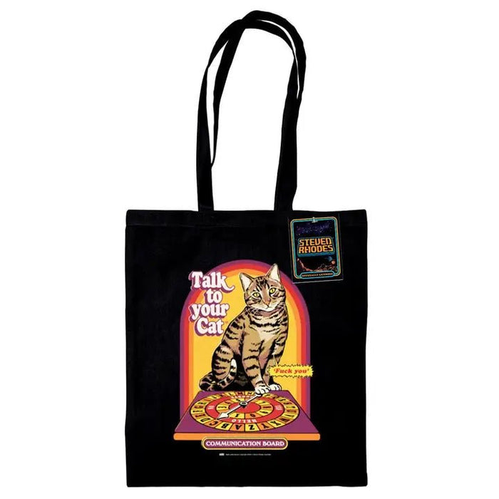 Steven Rhodes Talk to Your Cat tote bag, black 100% cotton with cat communication board graphic, 38 × 42 cm, long handles, swing tag
