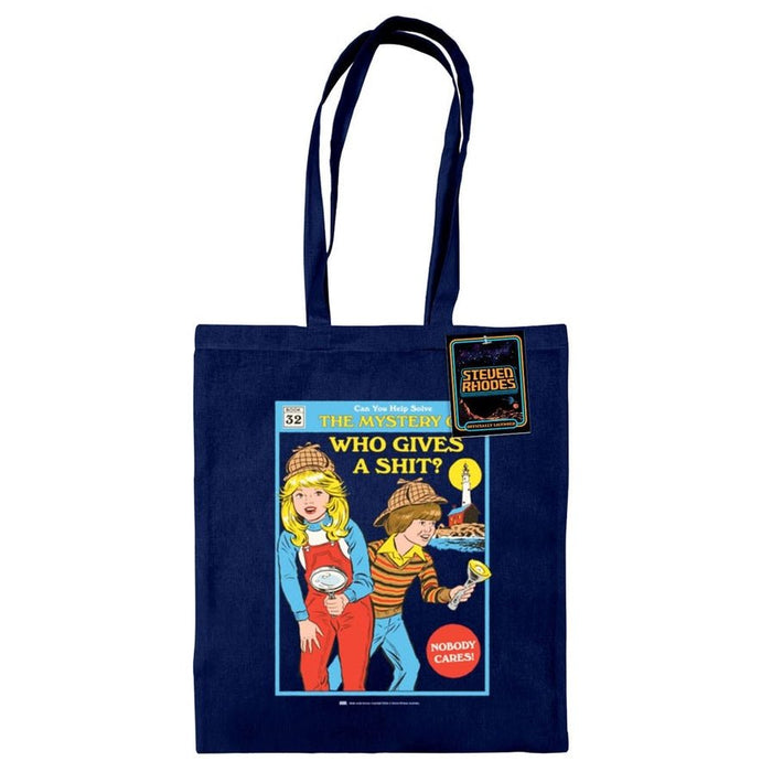 Steven Rhodes The Mystery of Who Gives a Shit tote bag, navy 100% cotton, 38 × 42 cm with 65 cm long handles and swing tag