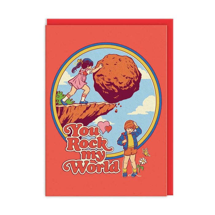 Steven Rhodes You Rock My World A6 greeting card with retro rock illustration and poppy red envelope.