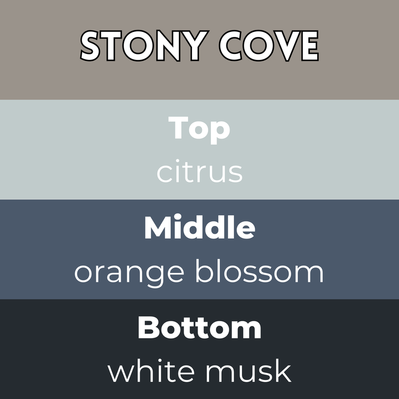 Stony Cove scent card with wax melt fragrance details and themed background