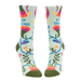 Front view of green novelty socks with colourful floral print and cheeky phrase.
