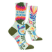 Green floral women's crew socks with bold flowers and the text “Stop Talking” in blue.