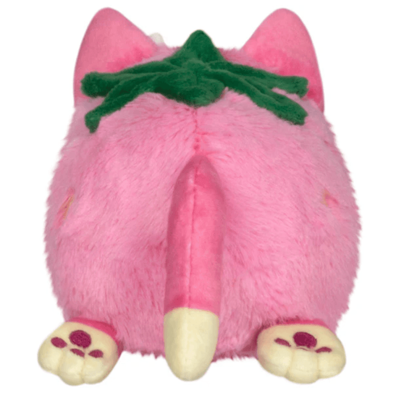 Back view of Squishable Alter Egos Strawberry Kitty Plush showing leaf top, tail and paw pad details