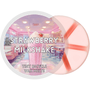 Strawberry Milkshake wax melt pot, six pink segments with red swirls and retro diner label