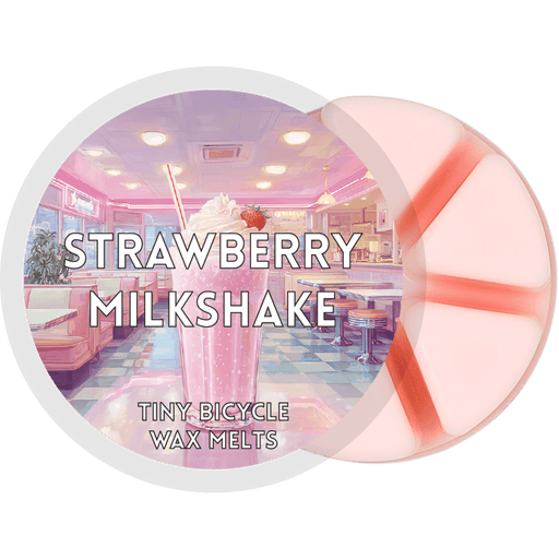 Strawberry Milkshake wax melt pot, six pink segments with red swirls and retro diner label