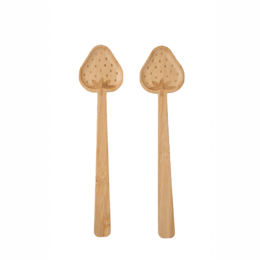 Set of two bamboo spoons with carved strawberry-shaped heads, ideal for cute kitchen styling.